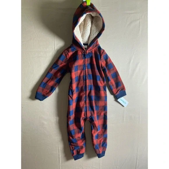 Carters Baby Boys Red Blue Buffalo Plaid Fleece Hooded Jumpsuit 24M 1M720010 - Picture 2 of 8